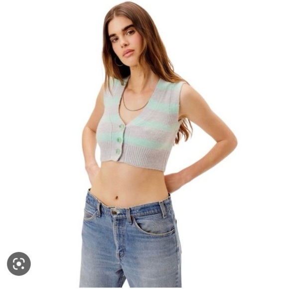 NWT For Love and Lemons Cropped Pastel Green Purple Striped Sweater Vest | Sm - Picture 2 of 9